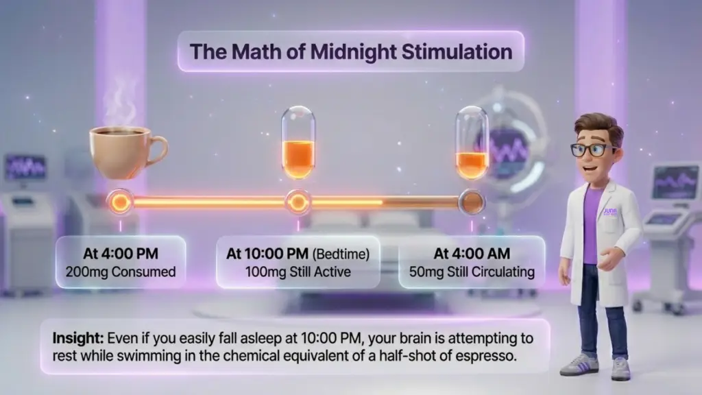 An educational infographic titled "The Math of Midnight Stimulation" showing how caffeine lingers in the body. A timeline starts at 4:00 PM with 200mg consumed, drops to 100mg at 10:00 PM bedtime, and remains at 50mg at 4:00 AM. A 3D cartoon scientist stands to the right.
