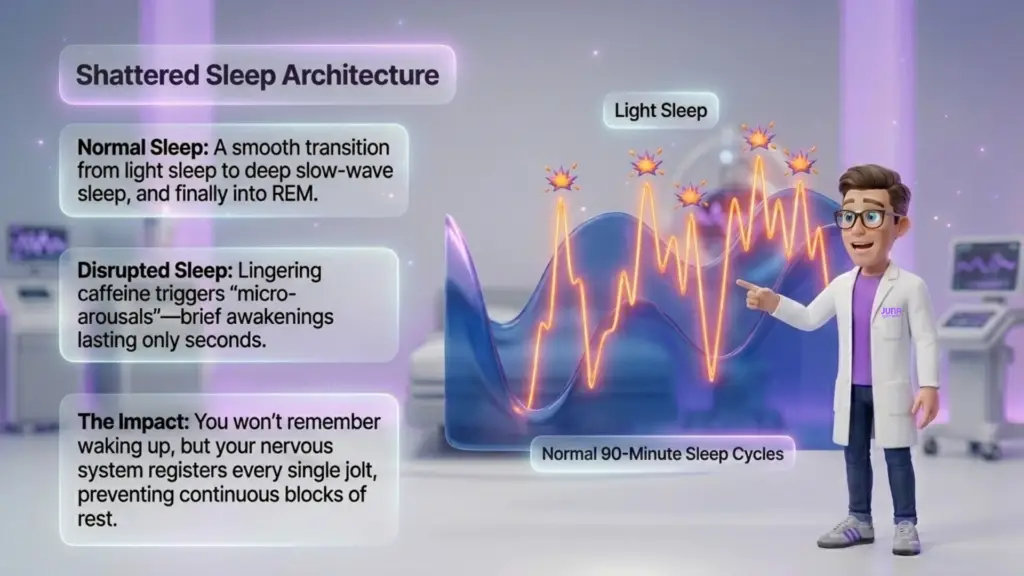 An infographic titled "Shattered Sleep Architecture" comparing normal and disrupted sleep. A 3D scientist points to a graph showing smooth blue waves (Normal 90-Minute Sleep Cycles) interrupted by sharp orange spikes and explosion icons (Light Sleep micro-arousals).