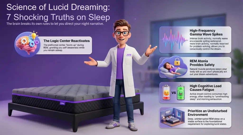Science of Lucid Dreaming: 7 Shocking Truths on Sleep. An infographic titled "Science of Lucid Dreaming: 7 Shocking Truths on Sleep." A cartoon scientist in a lab coat stands next to a Juna mattress. Five floating panels explain the mechanics of lucid dreaming, including logic center reactivation, gamma wave spikes, REM atonia safety, cognitive fatigue, and the importance of an undisturbed environment.
