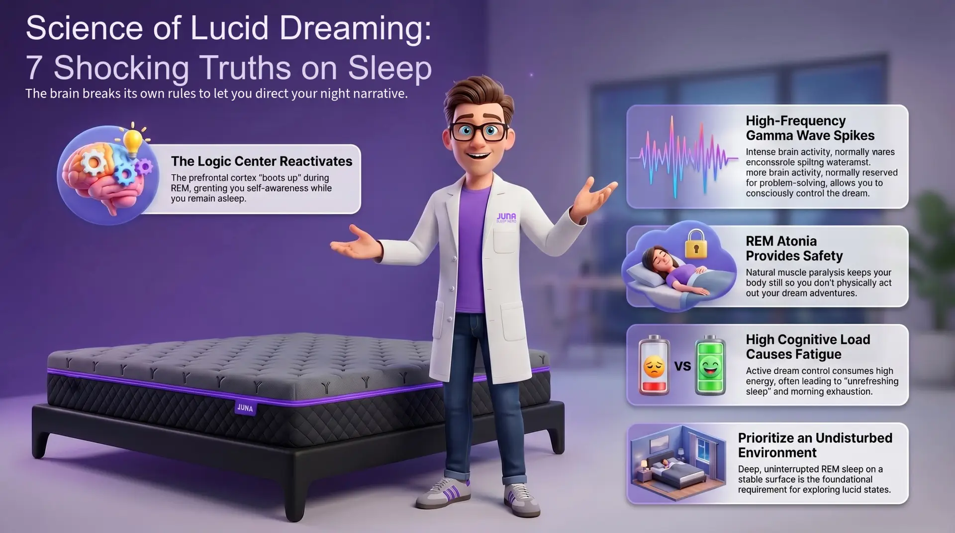 Science of Lucid Dreaming: 7 Shocking Truths on Sleep. An infographic titled "Science of Lucid Dreaming: 7 Shocking Truths on Sleep." A cartoon scientist in a lab coat stands next to a Juna mattress. Five floating panels explain the mechanics of lucid dreaming, including logic center reactivation, gamma wave spikes, REM atonia safety, cognitive fatigue, and the importance of an undisturbed environment.