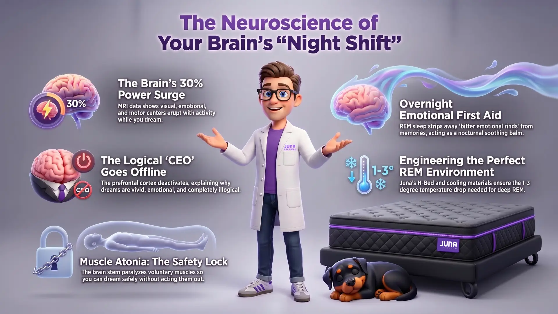 Neuroscience of REM sleep. An infographic titled "The Neuroscience of Your Brain's 'Night Shift'" featuring a cartoon scientist standing next to a Juna mattress. Five icons and text panels describe brain activity during sleep, including a 30% power surge, the prefrontal cortex going offline, muscle atonia, overnight emotional first aid, and engineering a cool REM environment. A sleeping puppy lies next to the mattress.