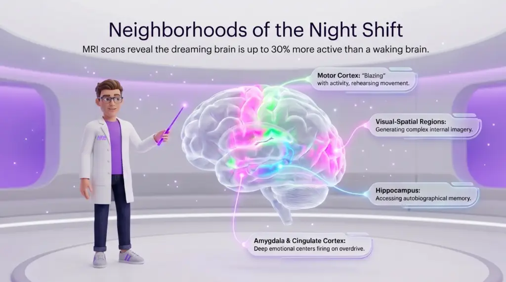 Neighborhoods of the Night Shift: Brain Activity During Dreaming Neuroscience of REM sleep. A 3D illustration of a scientist in a lab coat pointing to a glowing human brain. Four specific regions of the brain are highlighted and labeled to explain their functions during dreaming.