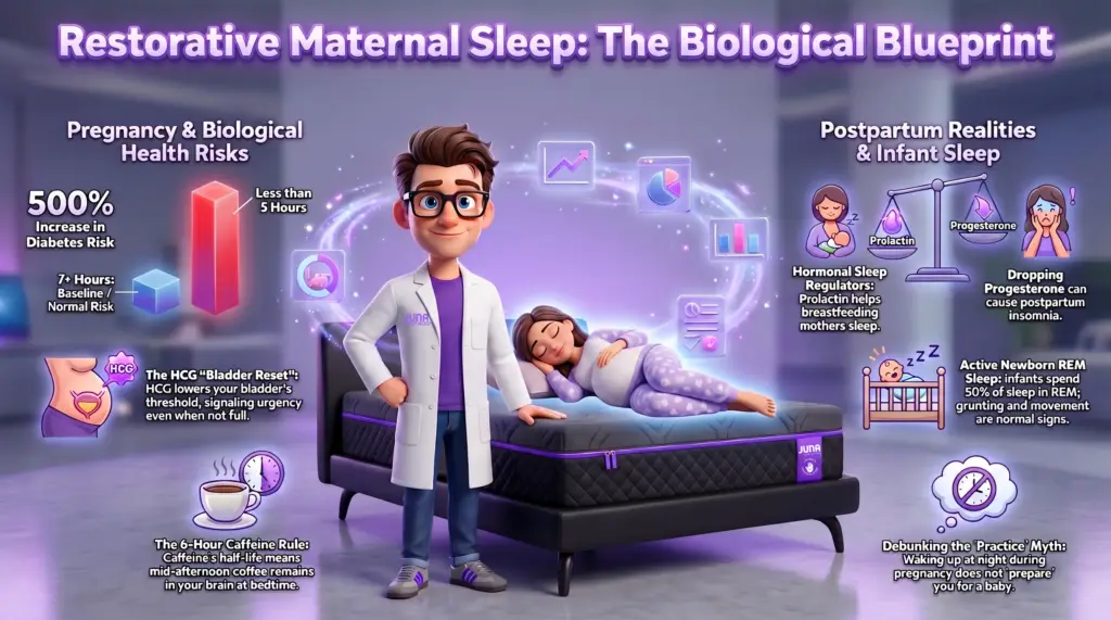 Pregnancy Sleep Disruption An educational 3D infographic showing a scientist standing next to a pregnant woman sleeping on a Juna mattress. The image is surrounded by icons and text boxes explaining pregnancy health risks, hormonal sleep regulators like Prolactin and Progesterone, the "HCG Bladder Reset," and infant REM sleep facts.