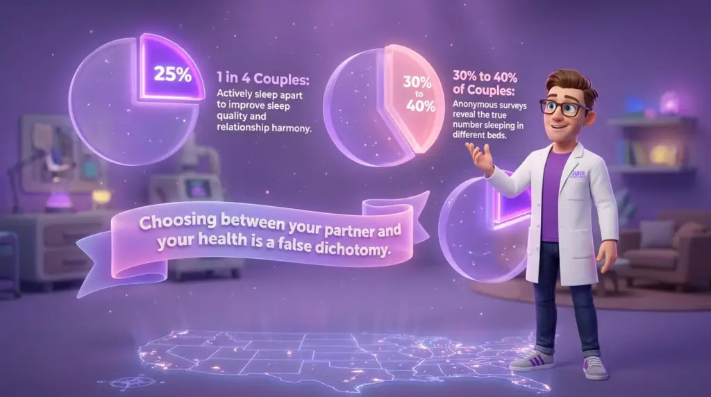 sleep divorce. A 3D infographic showing a Juna Sleep Nerd. standing in a purple room with glowing pie charts. The charts indicate that 1 in 4 couples sleep apart for health, while anonymous surveys suggest the number is actually 30% to 40%. A banner reads, "Choosing between your partner and your health is a false dichotomy."