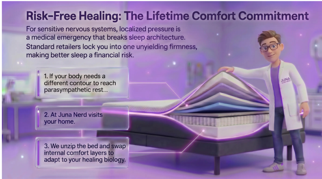 Insomnia BiologyA friendly, 3D animated character wearing a white lab coat with a "Juna Sleep Nerd" logo stands next to a premium mattress on a bed frame. The mattress is shown partially unzipped, with its top corner pulled back like layers of a book to reveal multiple colored foam layers and internal support coils. On the left side, three floating, semi-transparent text boxes outline a 3-step home service process.