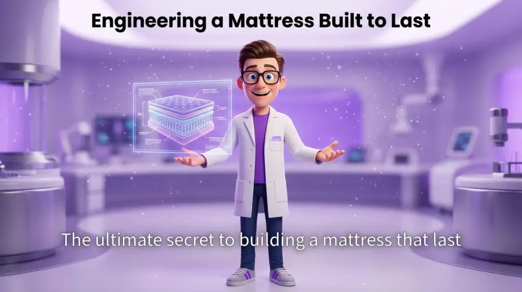 mattress built to last. A 3D infographic of a Juna Sleep Nerd standing next to a comparison table and a "Durability Comparison" chart. The chart shows "Industry Standard Foam" sagging significantly over time, while "Juna Sleep Systems" foam remains stable and resilient.