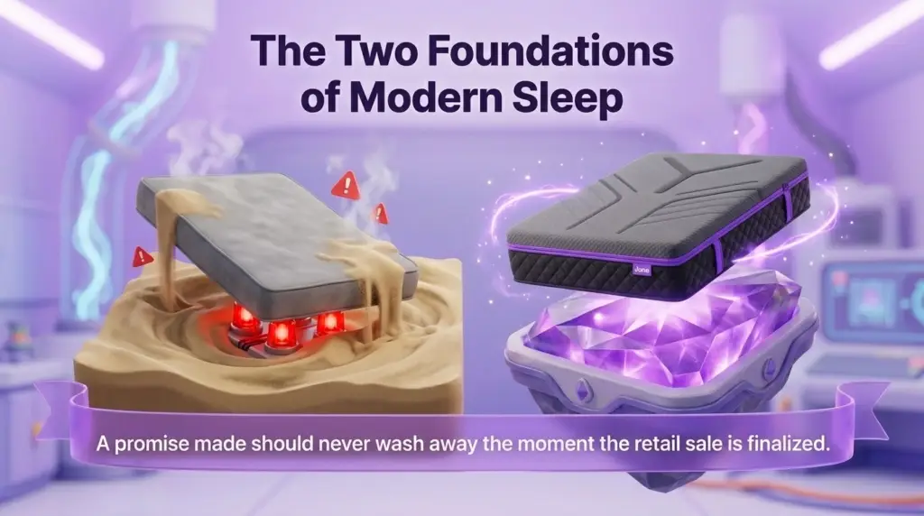 mattress built to last. A 3D illustration of a Juna Sleep Nerd in a purple-lit laboratory. He stands next to a "Durability Comparison" chart showing a red line for industry standard foam dropping sharply and a green line for Juna Sleep Systems remaining stable. A comparison table highlights that Juna uses 2.5 lb to 5.0 lb density foam.