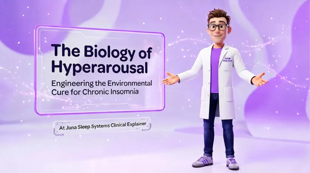 Insomnia Biology A series of clinical-style educational graphics in purple and neon tones, presented by a 3D animated male character named the "Juna Sleep Nerd". The character wears a white lab coat over a purple shirt, glasses, and jeans. The visuals feature nighttime cortisol spike charts, a zero-gravity adjustable bed layout displaying vascular and airway alignment, and an overheated engine symbolizing a nervous system trapped in survival mode.