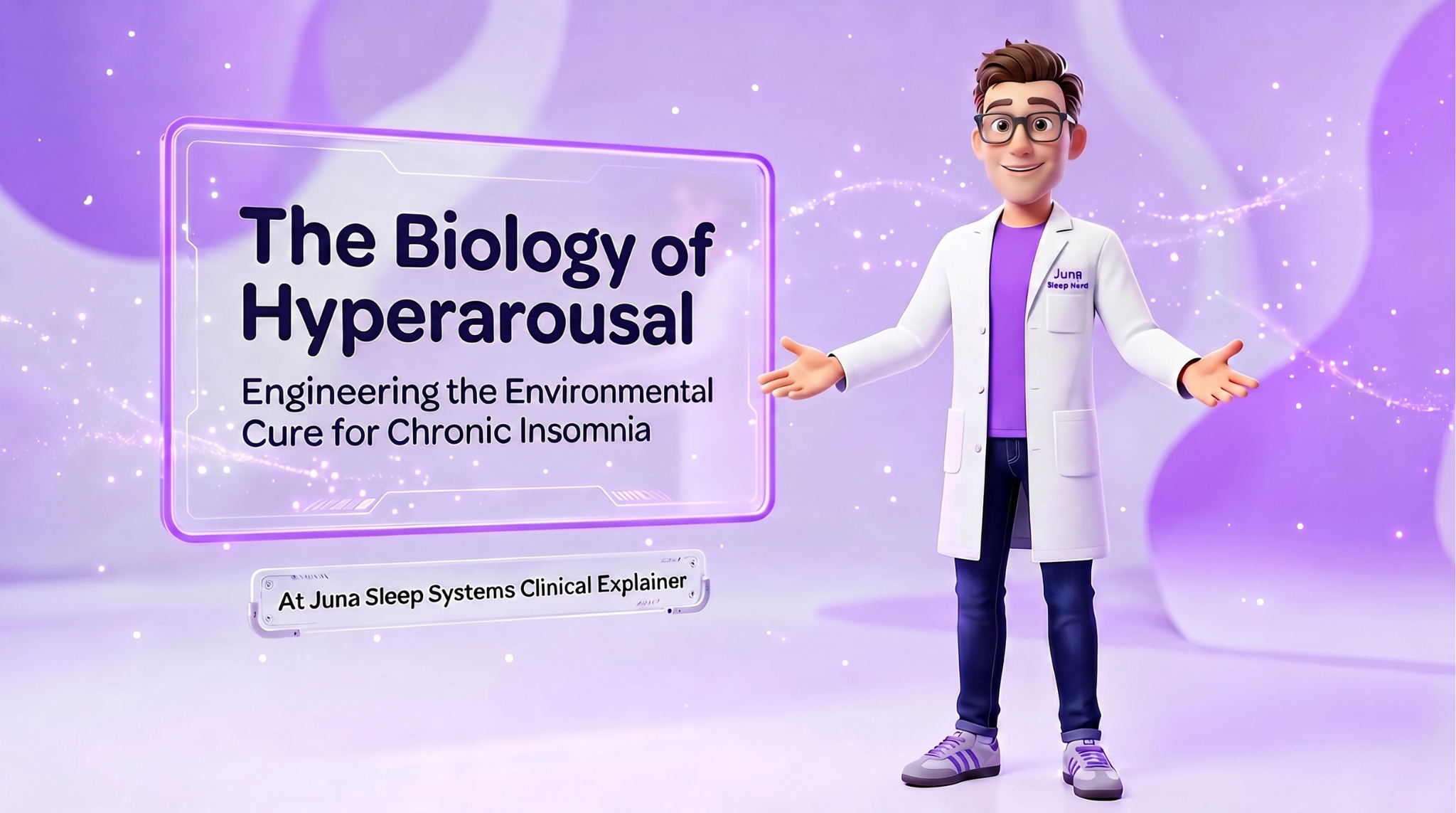 Insomnia Biology A series of clinical-style educational graphics in purple and neon tones, presented by a 3D animated male character named the "Juna Sleep Nerd". The character wears a white lab coat over a purple shirt, glasses, and jeans. The visuals feature nighttime cortisol spike charts, a zero-gravity adjustable bed layout displaying vascular and airway alignment, and an overheated engine symbolizing a nervous system trapped in survival mode.