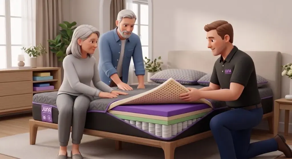 A Juna Sleep expert kneeling in a customer's bedroom, demonstrating the zipper-access cover by peeling back a ventilated latex layer to reveal internal foam and coil components for an elderly couple.