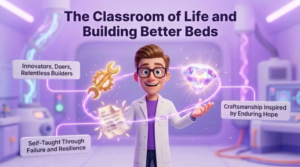 mattress built to last. A 3D illustration of a Juna Sleep Nerd in a purple-lit workshop. He is surrounded by glowing holographic icons including a wrench and gear, a diamond, and a scroll. Text panels read "Innovators, Doers, Relentless Builders," "Craftsmanship Inspired by Enduring Hope," and "Self-Taught Through Failure and Resilience."