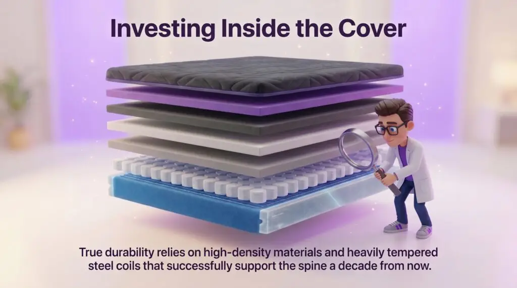 mattress built to last. A 3D cross-section diagram of a high-quality hybrid mattress showing multiple layers of foam atop a pocketed coil system, being inspected by a cartoon sleep expert with a magnifying glass.
