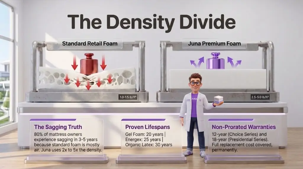 Why are there so many mattress stores? A 3D illustration of a Juna Sleep Nerd in a lab coat standing in front of two compression testing machines. One machine shows a heavy weight crushing low-density "Standard Retail Foam," while the other shows a purple weight being easily supported by "Juna Premium Foam."