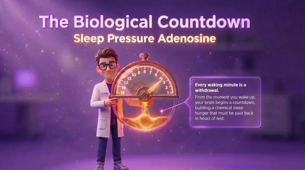 The Biological Countdown: Understanding Adenosine and Sleep Pressure Sleep Pressure Adenosine. A 3D illustration of a Juna Sleep Nerd standing next to a large, glowing circular countdown timer labeled "16 to 1." Text on the left explains that every waking minute builds a chemical sleep hunger called Adenosine.