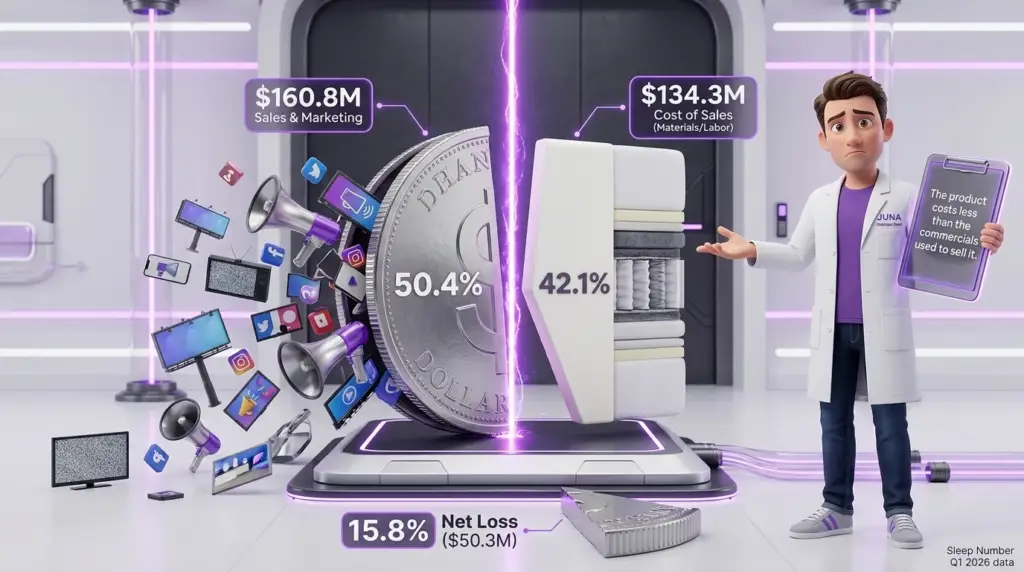 Why are there so many mattress stores? A 3D infographic features a Juna Sleep Nerd in a lab coat pointing to a giant coin split by a laser, revealing that 50.4% of revenue goes to sales and marketing ($160.8M) while only 42.1% goes to the actual cost of materials and labor ($134.3M).