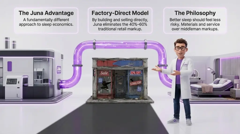 Why are there so many mattress stores? A 3D illustration of a Juna Sleep Nerd in a lab coat showing a purple vacuum tube bypassing a run-down, "Sale"-plastered traditional mattress storefront to deliver quality directly from the Juna factory to a customer's bedroom.