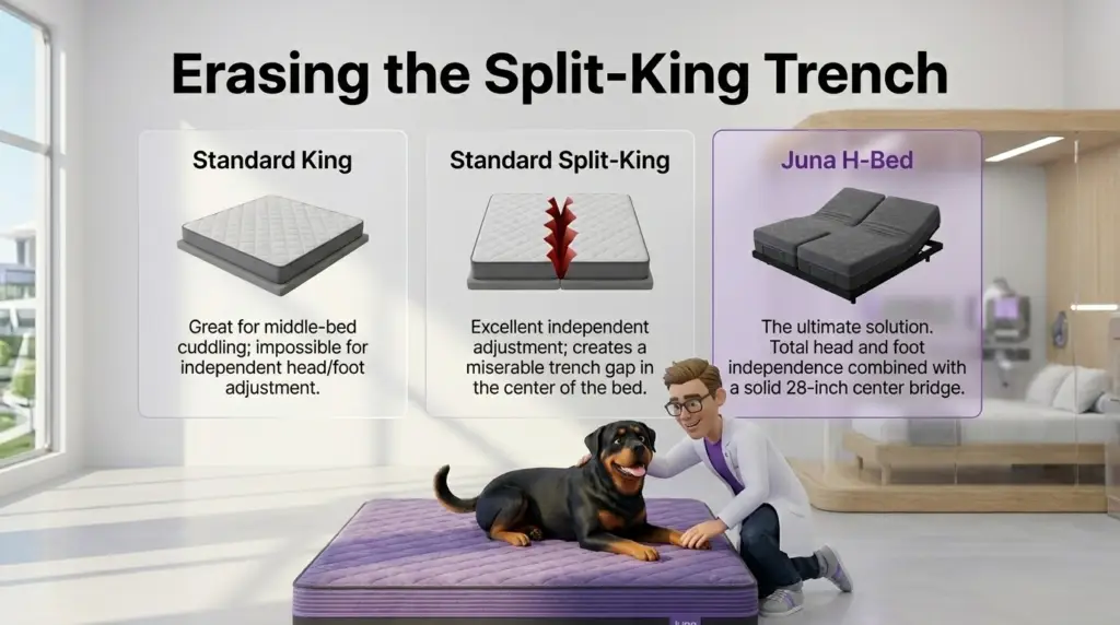 Why are there so many mattress stores? A 3D infographic features a Juna Sleep Nerd and a Rottweiler sitting on a purple mattress, comparing a Standard King, a gapped Standard Split-King, and the Juna H-Bed which features a 28-inch center bridge.