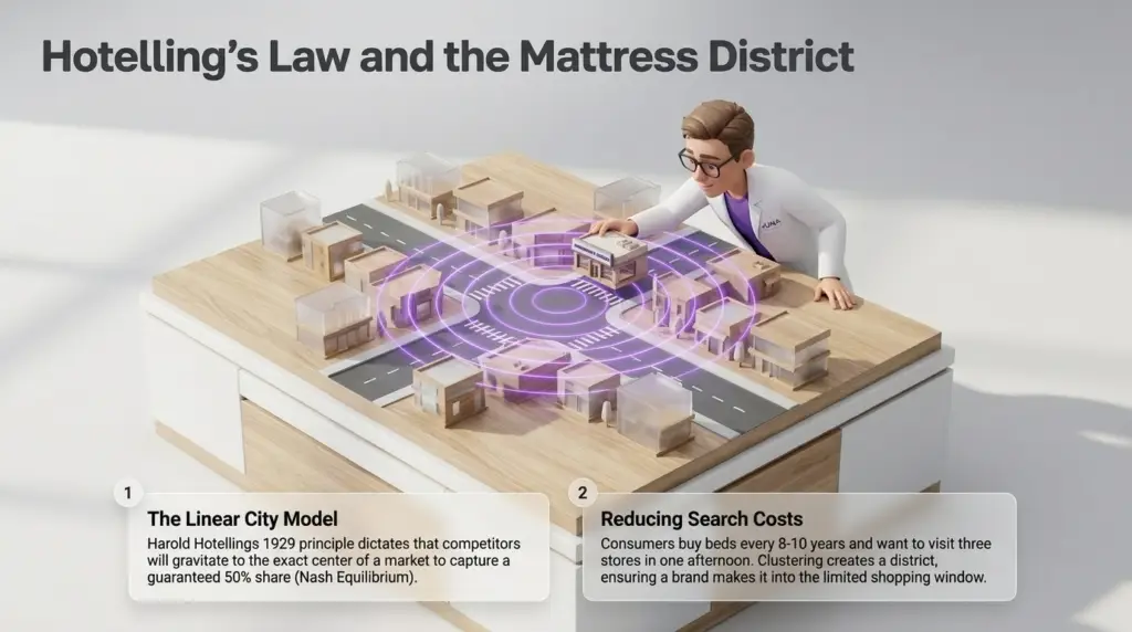 Why are there so many mattress stores. A 3D illustration of a Juna Sleep Nerd in a lab coat leaning over a wooden architectural model of a city. Glowing purple concentric circles emanate from a central cluster of buildings, illustrating how mattress stores group together to capture market share.