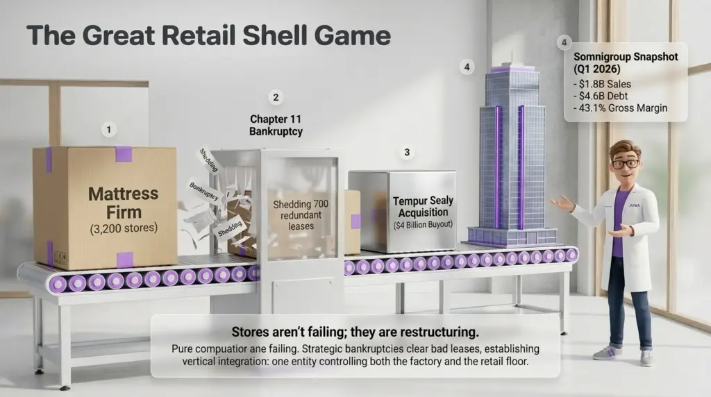 Why are there so many mattress stores. A 3D infographic featuring a Juna Sleep Nerd in a lab coat standing next to a factory conveyor belt. The belt carries a "Mattress Firm" box through a "Chapter 11" shredder, emerging as a "Tempur Sealy Acquisition" block and a corporate skyscraper.
