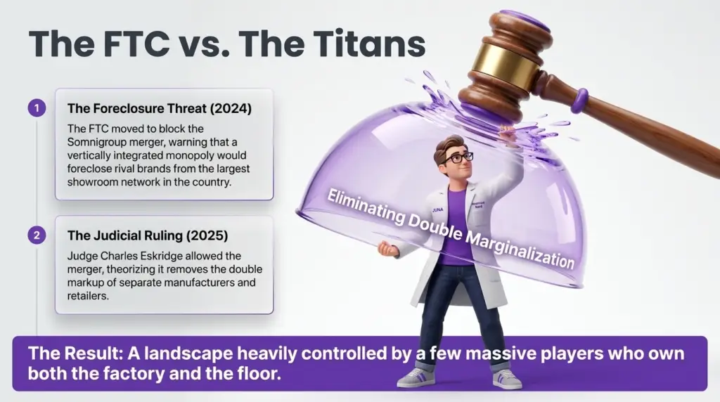 Why are there so many mattress stores? A 3D illustration shows a Juna Sleep Nerd in a lab coat being shielded by a purple glass dome from a massive falling wooden gavel, representing the legal clash between the FTC and industry monopolies.