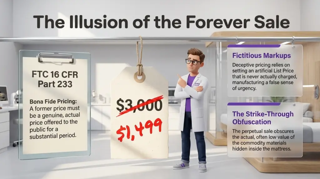 Why are there so many mattress stores? A 3D illustration of a Juna Sleep Nerd in a lab coat standing next to a giant price tag showing a crossed-out $3,000 slashed to $1,499, while citing FTC regulations on bona fide pricing.