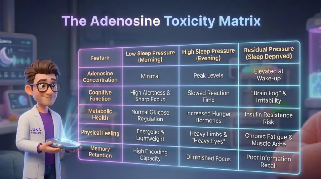 The Biology of Sleep Pressure: Understanding the Two-Process Model Sleep Pressure Adenosine. A 3D infographic of a Juna Sleep Nerd standing in a purple laboratory. A holographic chart behind him illustrates the "Two-Process Model," showing the relationship between Circadian Rhythm and Adenosine Buildup over time.