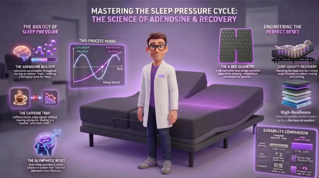 Sleep Pressure Adenosine. A 3D educational infographic featuring a Juna Sleep Nerd explaining the metabolic process of sleep pressure. The graphic shows the transition from ATP fuel consumption to Adenosine buildup, labeled as "Sleep Pressure," in a futuristic purple laboratory.