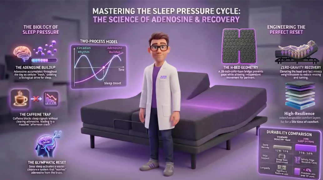 Sleep Pressure Adenosine. A 3D educational infographic featuring a Juna Sleep Nerd explaining the metabolic process of sleep pressure. The graphic shows the transition from ATP fuel consumption to Adenosine buildup, labeled as "Sleep Pressure," in a futuristic purple laboratory.