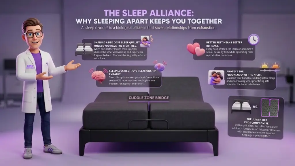 A 3D educational infographic featuring a Juna Sleep Nerd pointing to a large anatomical model of a human brain. A blue liquid "wash" is shown flowing through the brain, labeled "The Glymphatic System," illustrating how deep sleep clears metabolic waste like adenosine.