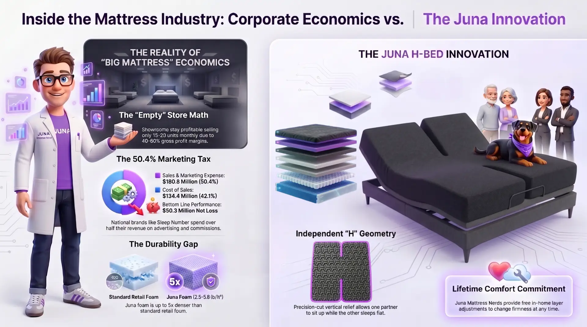 Why are there so many mattress stores. An infographic featuring a Juna Sleep Nerd in a lab coat comparing "Big Mattress" corporate economics&mdash;showing high marketing costs and low-density foam&mdash;against Juna&rsquo;s innovations like the H-Bed, high-density foam, and Lifetime Comfort Commitment.