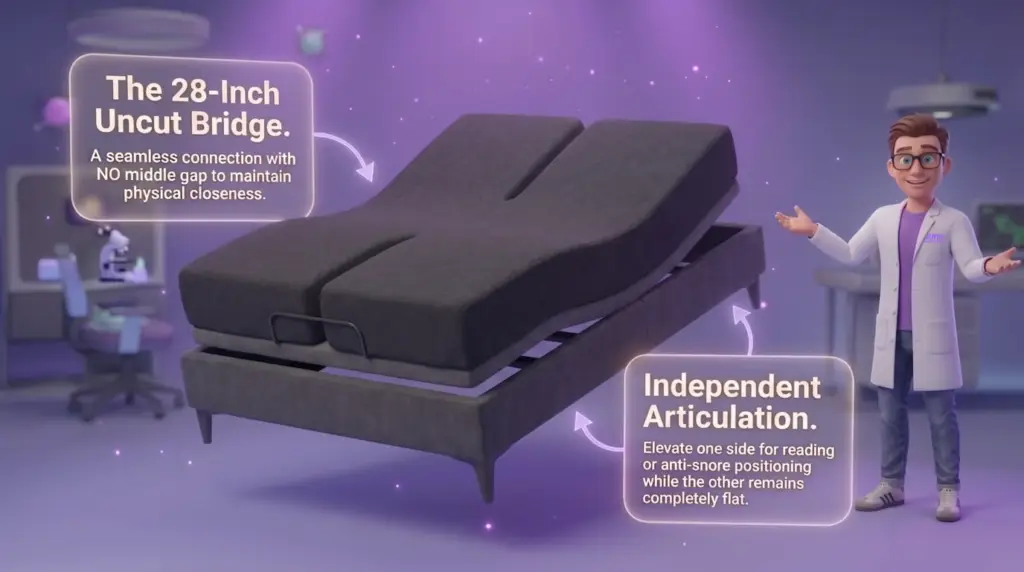 A 3D illustration of a Juna Sleep Nerd sitting comfortably on a floating mattress with a friendly Rottweiler. Above them, bold text reads "Reclaiming Intimacy," with a caption about how proper sleep systems help couples thrive.