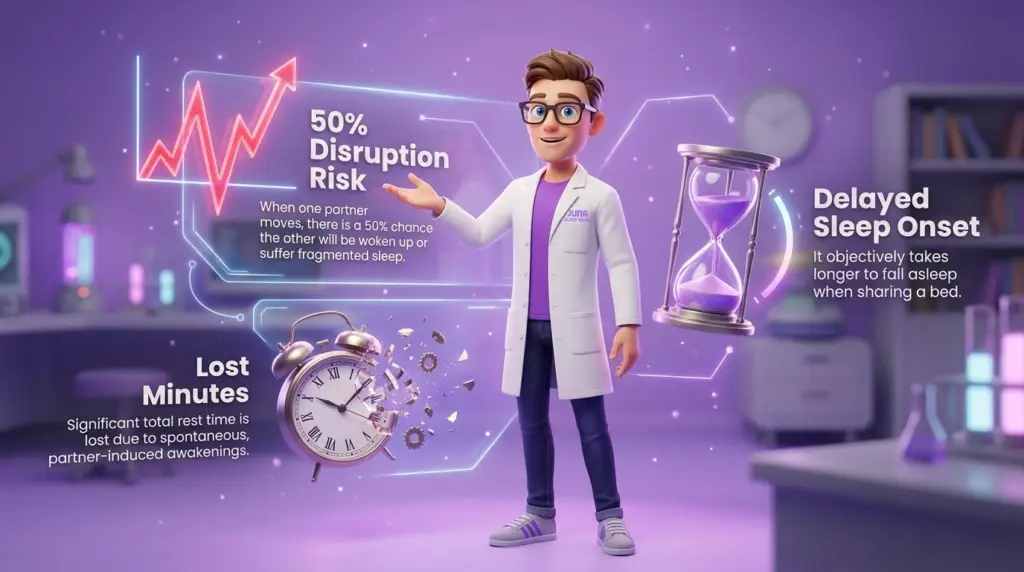 A 3D infographic featuring a scientist in a purple-lit lab. He stands between three floating scientific icons: a red heart-rate-style line showing a "50% Disruption Risk," a shattering alarm clock labeled "Lost Minutes," and a purple hourglass labeled "Delayed Sleep Onset."