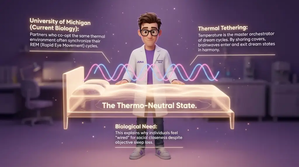 A 3D infographic of a scientist standing behind a glowing, holographic bed labeled "The Thermo-Neutral State." Overlapping blue and pink wave patterns float above the bed, representing the synchronization of REM cycles between partners.