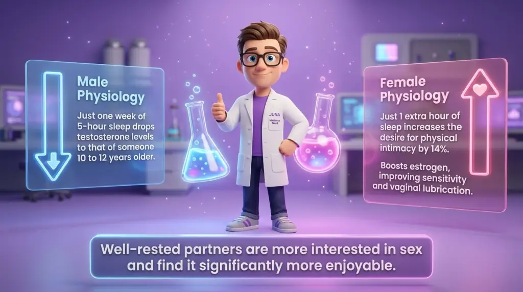 A 3D infographic of a scientist giving a thumbs up in a purple lab. He stands between two holographic panels: "Male Physiology" showing a downward arrow for testosterone loss, and "Female Physiology" showing an upward arrow for increased intimacy desire.