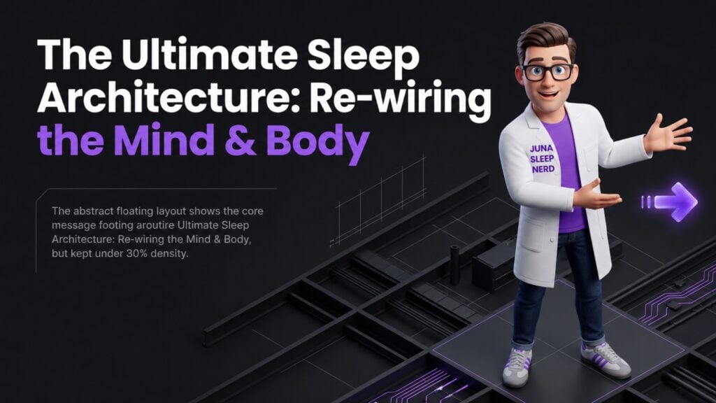 A friendly, 3D animated character wearing a white lab coat with a "Juna Sleep Nerd" logo stands on a dark, geometric grid platform against a black background. He smiles and gestures with an open hand toward a glowing purple arrow pointing right. Large white and purple text on the left reads "The Ultimate Sleep Architecture: Re-wiring the Mind & Body." Beneath the title, a block of smaller gray text sits next to a subtle architectural blueprint sketch.
