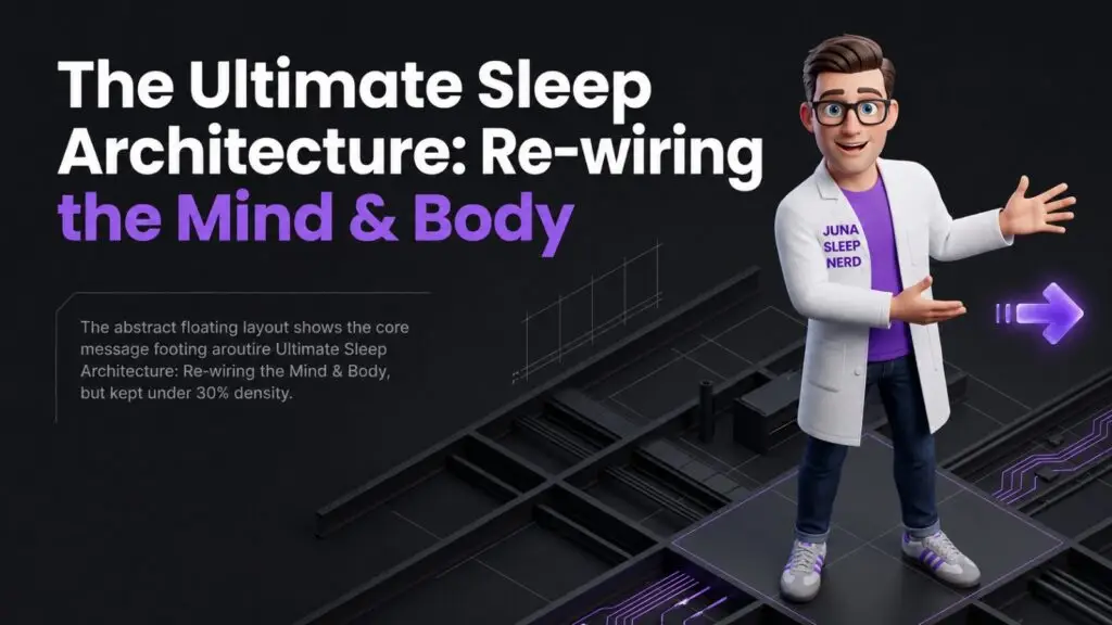 A friendly, 3D animated character wearing a white lab coat with a "Juna Sleep Nerd" logo stands on a dark, geometric grid platform against a black background. He smiles and gestures with an open hand toward a glowing purple arrow pointing right. Large white and purple text on the left reads "The Ultimate Sleep Architecture: Re-wiring the Mind & Body." Beneath the title, a block of smaller gray text sits next to a subtle architectural blueprint sketch.