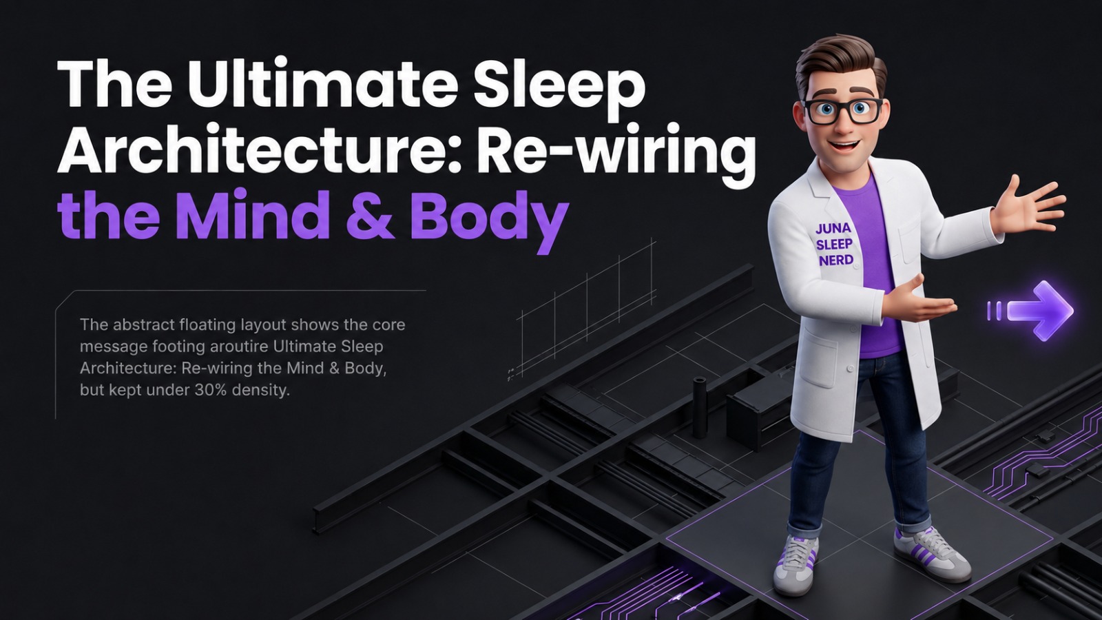 A friendly, 3D animated character wearing a white lab coat with a "Juna Sleep Nerd" logo stands on a dark, geometric grid platform against a black background. He smiles and gestures with an open hand toward a glowing purple arrow pointing right. Large white and purple text on the left reads "The Ultimate Sleep Architecture: Re-wiring the Mind & Body." Beneath the title, a block of smaller gray text sits next to a subtle architectural blueprint sketch.