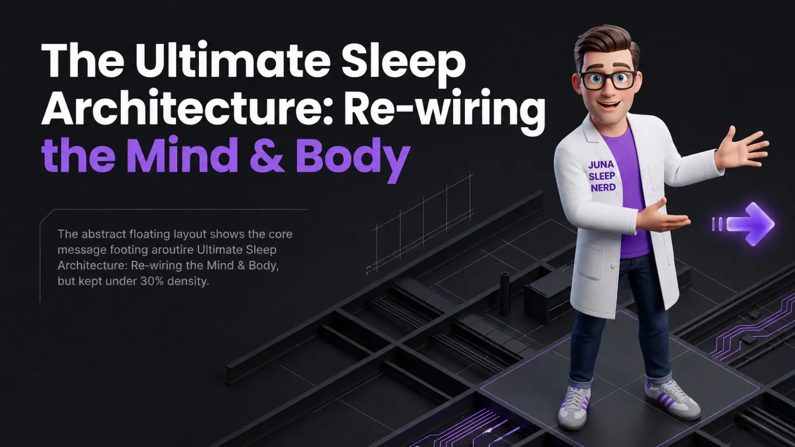 A friendly, 3D animated character wearing a white lab coat with a "Juna Sleep Nerd" logo stands on a dark, geometric grid platform against a black background. He smiles and gestures with an open hand toward a glowing purple arrow pointing right. Large white and purple text on the left reads "The Ultimate Sleep Architecture: Re-wiring the Mind & Body." Beneath the title, a block of smaller gray text sits next to a subtle architectural blueprint sketch.