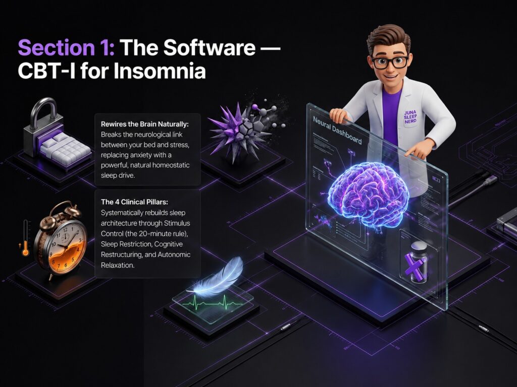 The Software — CBT-I for Insomnia A friendly, 3D animated character wearing a white lab coat with a "Juna Sleep Nerd" logo stands behind a transparent glass "Neural Dashboard" screen showing a glowing purple human brain. The scene is set against a dark isometric grid background with glowing purple circuit lines connecting various sleep icons, including a bed with a padlock, an alarm clock filled with amber liquid, an abstract spiked molecule, a floating feather on a heartbeat line, and a pill bottle with a purple "X" over it. Large white and purple text in the top left corner reads "Section 1: The Software — CBT-I for Insomnia."
