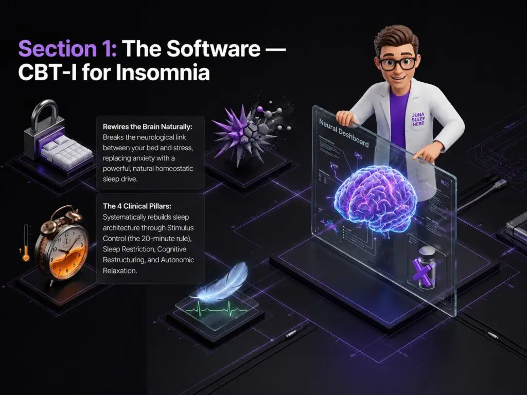 The Software — CBT-I for Insomnia A friendly, 3D animated character wearing a white lab coat with a "Juna Sleep Nerd" logo stands behind a transparent glass "Neural Dashboard" screen showing a glowing purple human brain. The scene is set against a dark isometric grid background with glowing purple circuit lines connecting various sleep icons, including a bed with a padlock, an alarm clock filled with amber liquid, an abstract spiked molecule, a floating feather on a heartbeat line, and a pill bottle with a purple "X" over it. Large white and purple text in the top left corner reads "Section 1: The Software — CBT-I for Insomnia."