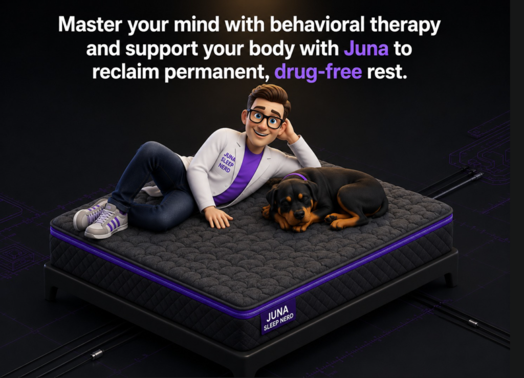 Master Your Mind with Behavioral Therapy & Support Your Body with Juna A friendly, 3D animated character wearing a white lab coat with a "Juna Sleep Nerd" logo smiles while lounging comfortably on his side on a dark gray quilted mattress. Next to him, a Rottweiler puppy is fast asleep. The bed has a distinct purple zipper border and a "Juna Sleep Nerd" brand badge on the corner. The setup sits on a dark isometric grid floor with purple circuit line accents, under large white and purple text that reads, "Master your mind with behavioral therapy and support your body with Juna to reclaim permanent, drug-free rest."