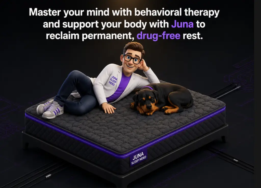 Master Your Mind with Behavioral Therapy & Support Your Body with Juna A friendly, 3D animated character wearing a white lab coat with a "Juna Sleep Nerd" logo smiles while lounging comfortably on his side on a dark gray quilted mattress. Next to him, a Rottweiler puppy is fast asleep. The bed has a distinct purple zipper border and a "Juna Sleep Nerd" brand badge on the corner. The setup sits on a dark isometric grid floor with purple circuit line accents, under large white and purple text that reads, "Master your mind with behavioral therapy and support your body with Juna to reclaim permanent, drug-free rest."