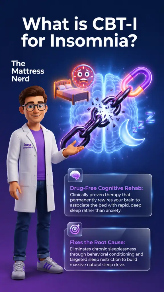 What is CBT-I for Insomnia A friendly, 3D animated character wearing a white lab coat with a "Juna Sleep Nerd" logo stands against a dark blue and purple background. He gestures toward a glowing blue human brain graphic in the center, where a heavy metal chain is shattering apart. Around the brain float icons of an anxious clock, a bed, a crescent moon, and "Zzz" sleep symbols. Two glowing, semi-transparent text boxes on the right explain the benefits of CBT-I.