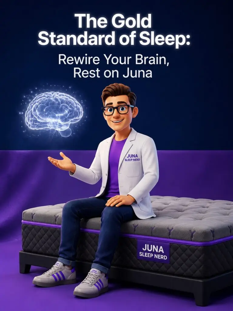 The Gold Standard of Sleep: Rewire Your Brain, Rest on Juna A friendly, 3D animated character wearing a white lab coat with a "Juna Sleep Nerd" logo sits on the edge of a premium white mattress with purple piping. He gestures with an open hand toward a glowing, semi-transparent human brain floating in the air beside him. Large white text above reads "The Gold Standard of Sleep: Rewire Your Brain, Rest on Juna" against a deep blue and purple studio background