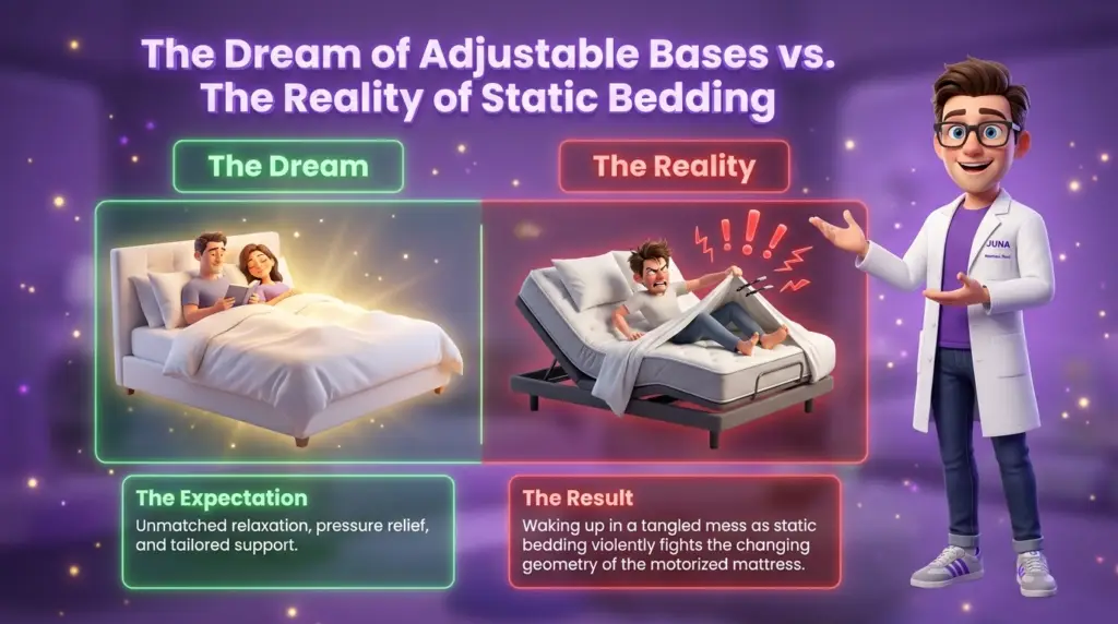 stretch sheets for adjustable beds solve the problems highlighted in "The Dream of Adjustable Bases vs. The Reality of Static Bedding" infographic, featuring a Juna mattress nerd gesturing to a comparison of a peaceful couple versus a frustrated person tangled in bunching sheets.