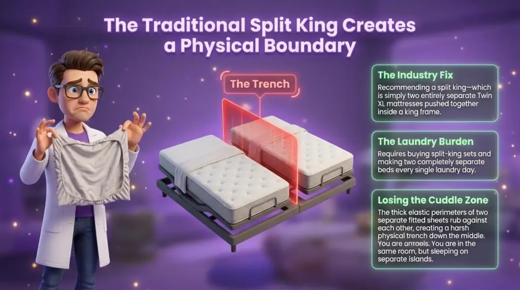 stretch sheets for adjustable beds prevent the issues shown in "The Traditional Split King Creates a Physical Boundary" infographic, featuring a worried Juna mattress nerd holding up a standard fitted sheet next to a split king bed separated by a glowing red wall labeled "The Trench."