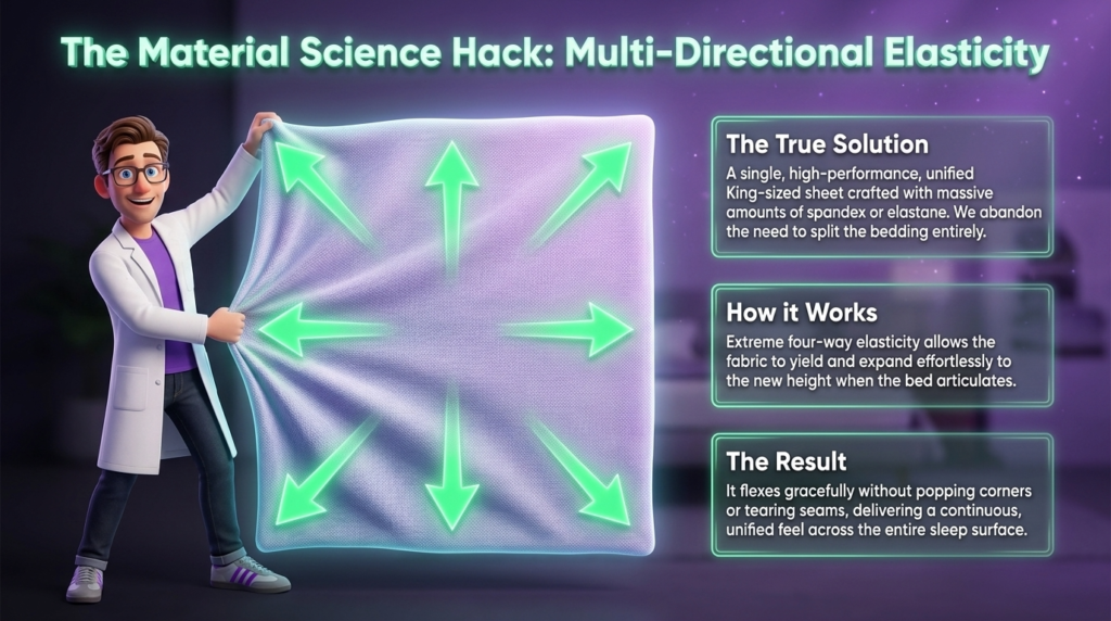 The Material Science Hack: Multi-Directional Elasticity stretch sheets for adjustable beds leverage multi-directional elasticity, as shown in "The Material Science Hack" infographic where a Juna mattress nerd stretches a purple sheet fabric square with glowing green omnidirectional arrows.