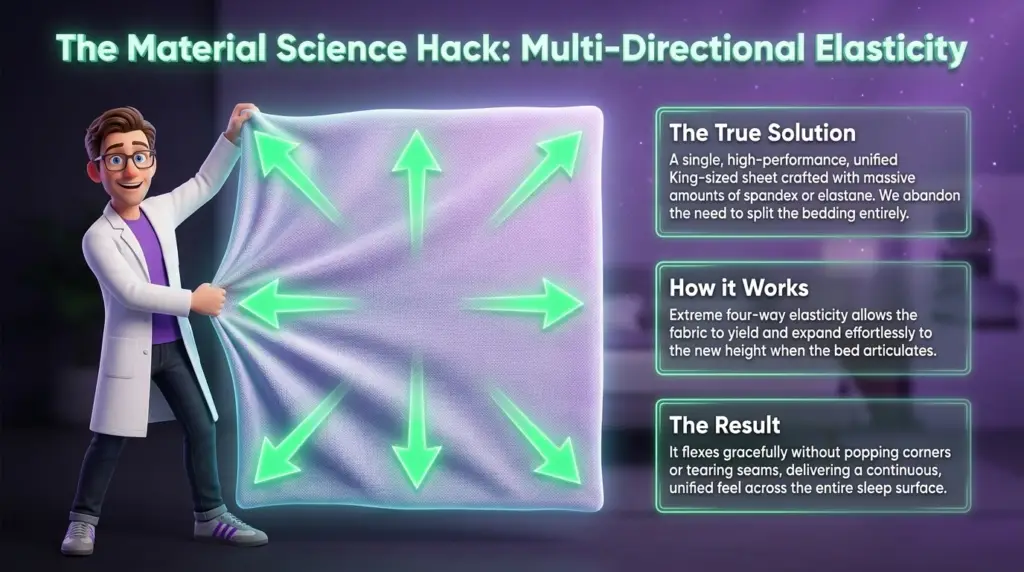stretch sheets for adjustable beds leverage multi-directional elasticity, as shown in "The Material Science Hack" infographic where a Juna mattress nerd stretches a purple sheet fabric square with glowing green omnidirectional arrows.