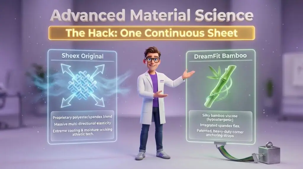 stretch sheets for adjustable beds performance materials are evaluated in "Advanced Material Science" infographic featuring a Juna mattress nerd introducing Sheex Original performance fabric and DreamFit Bamboo.
