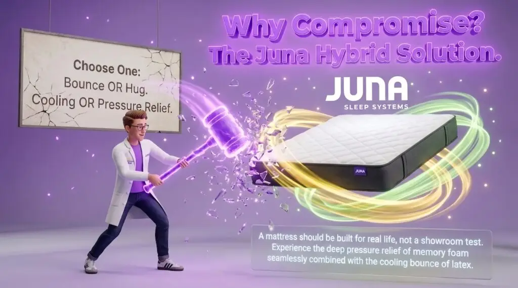 Latex vs memory foam mattress trade-offs are shattered in this infographic titled "Why Compromise? The Juna Hybrid Solution," where a Juna mattress nerd swings a glowing purple sledgehammer to smash standard industry choices next to a hybrid mattress. Latex vs memory foam mattress